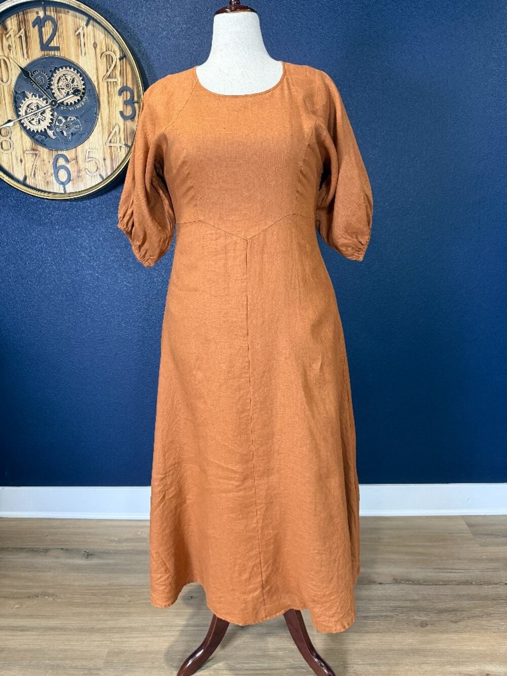 DISSH Azzura Spice Terracotta Linen Puff Sleeve Midi Dress | AU 14 US 10